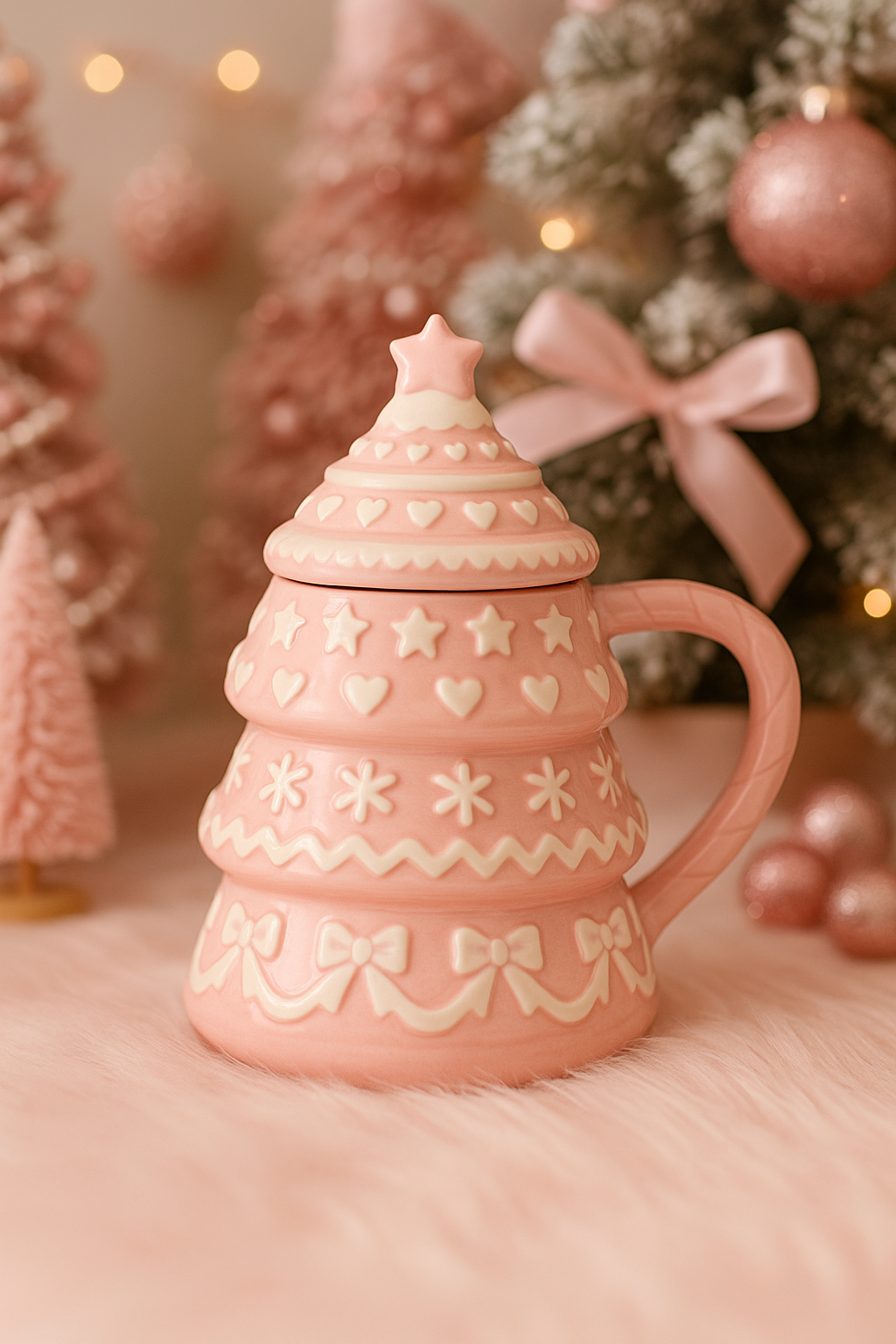 Pink Ceramic Mug with Lid Tree Shaped