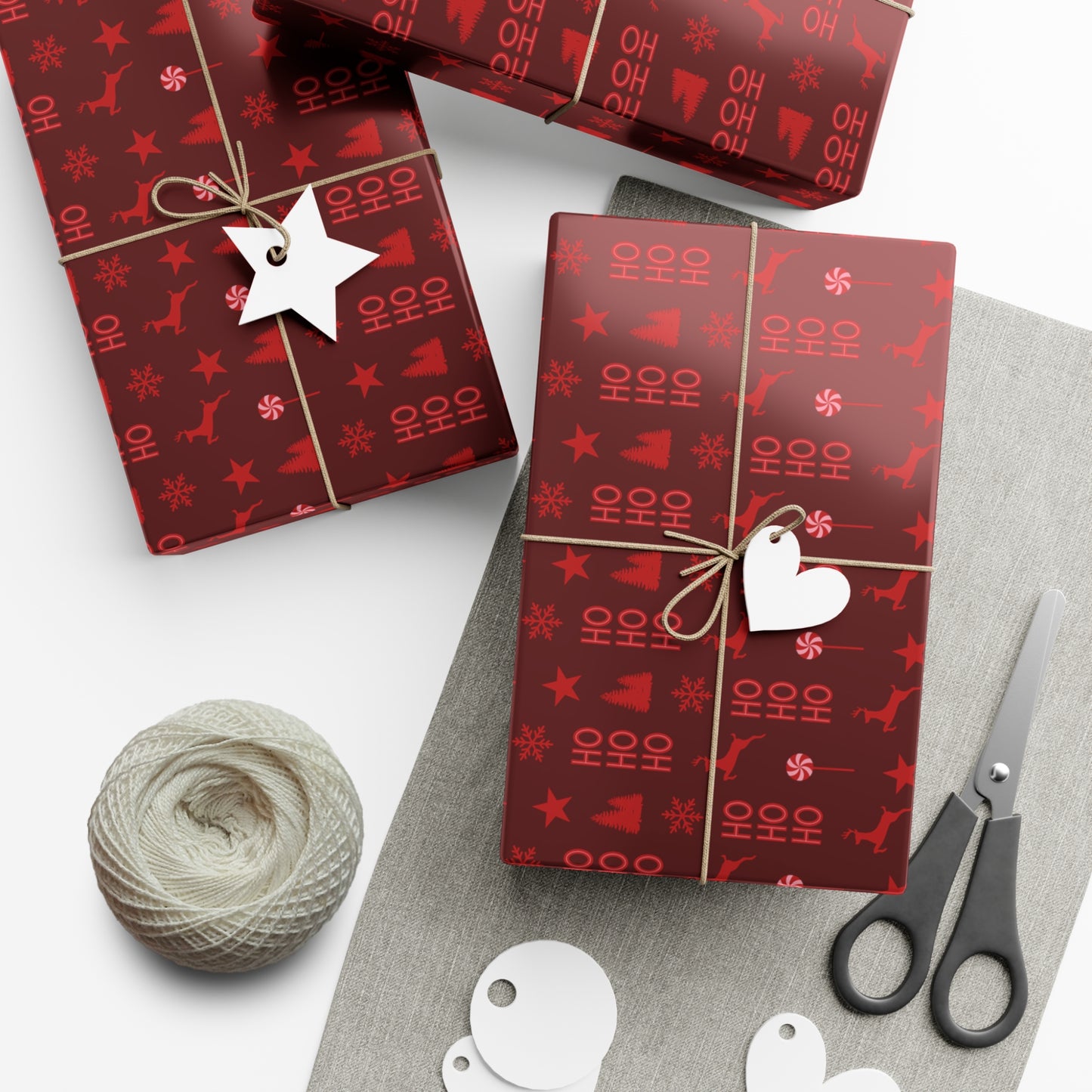 Red Reindeer, Snowflake, HoHoHo, Candy Cane, Christmas Tree, and Star Pattern on Brown Background Christmas Wrapping Paper