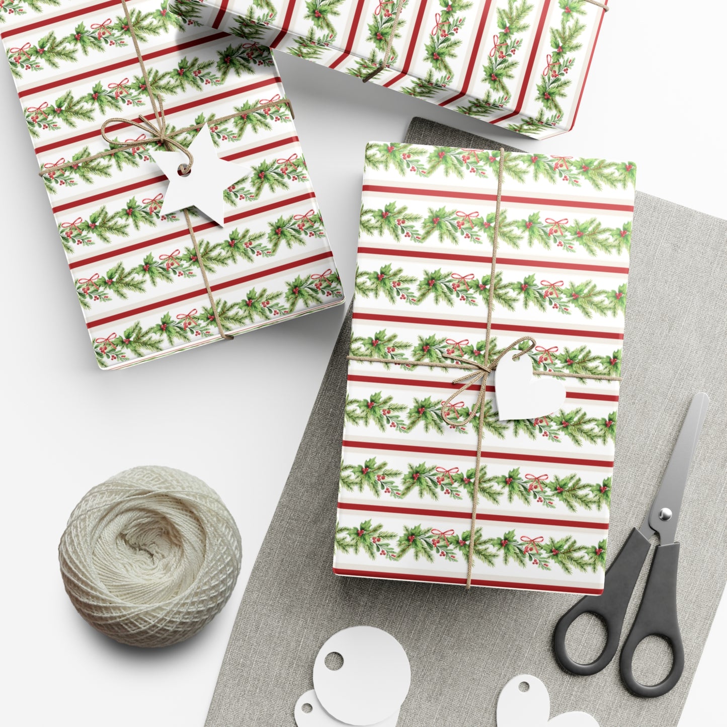 Red and White Stripes with Christmas Garland Pattern Holiday Wrapping Paper, Matte & Satin finish, 3 sizes