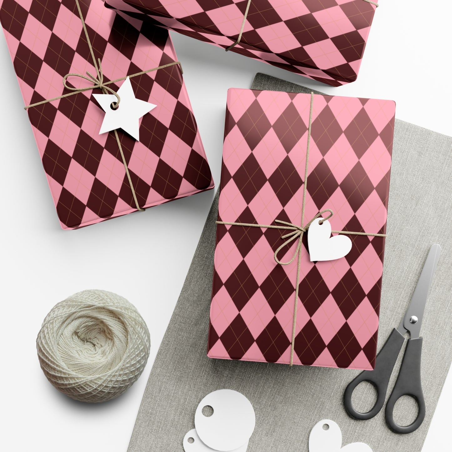 Brown and Pink Argyle Pattern Christmas Wrapping Paper,  Matte & Satin finish, 3 sizes