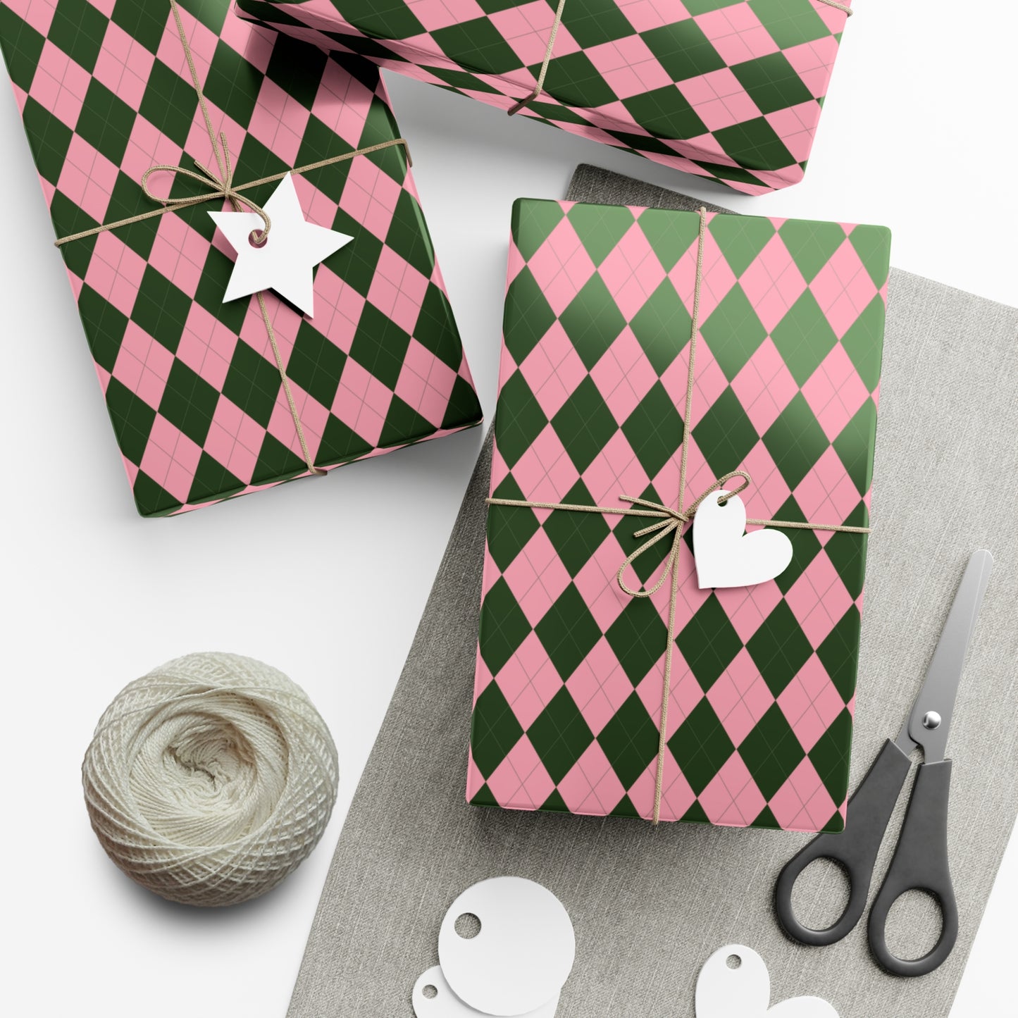 Pink and Green Argyle Pattern Christmas Holiday Wrapping Paper, Matte & Satin finish, 3 sizes