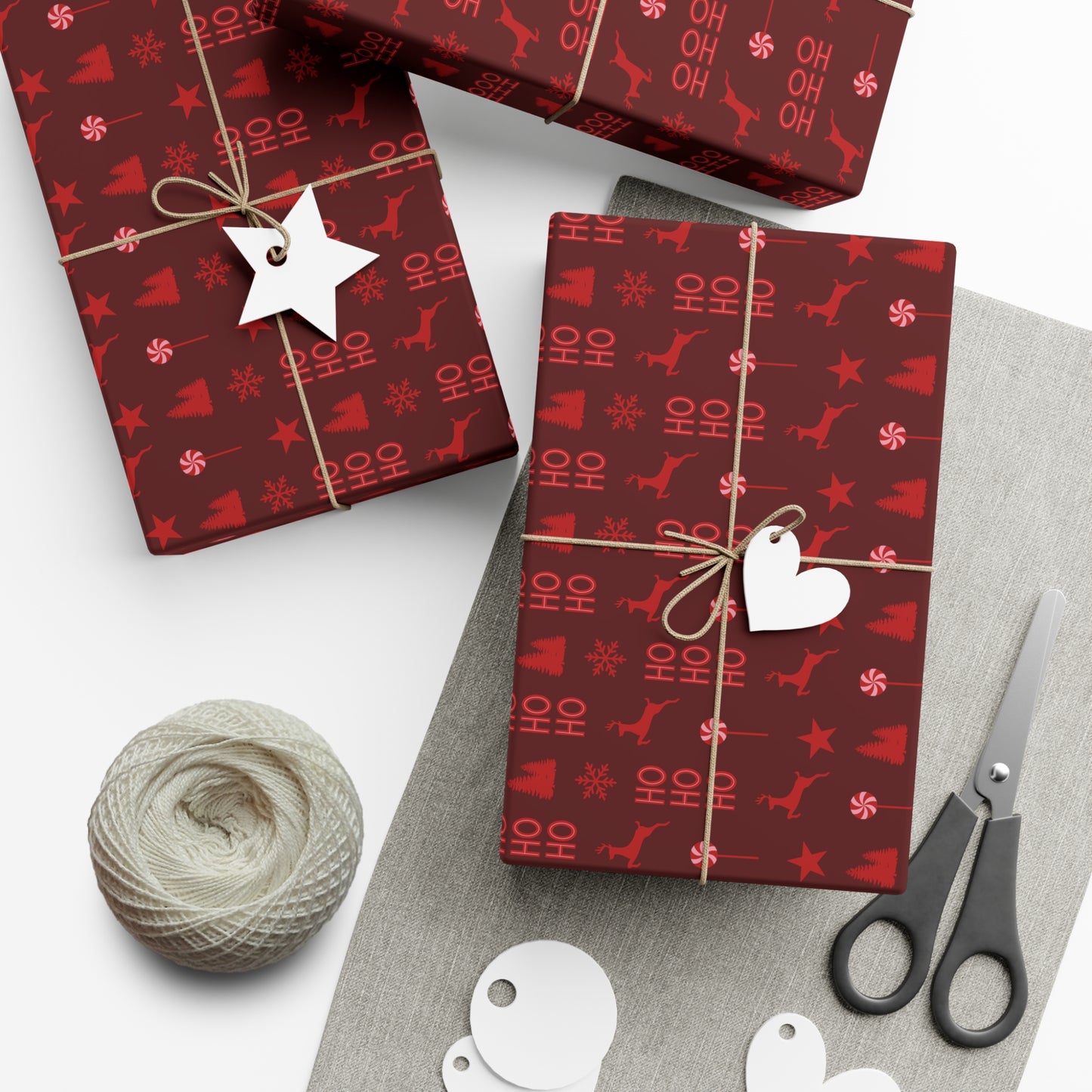 Red Reindeer, Snowflake, HoHoHo, Candy Cane, Christmas Tree, and Star Pattern on Brown Background Christmas Wrapping Paper