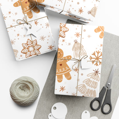 Gingerbread, Christmas Tree and Snowflake Pattern Neutral and Brown Wrapping Paper (30" x 36, 30"x 72")