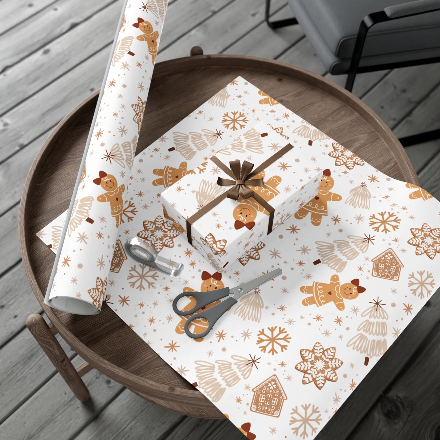 Gingerbread, Christmas Tree and Snowflake Pattern Neutral and Brown Wrapping Paper (30" x 36, 30"x 72")