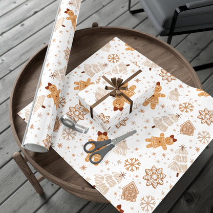 Gingerbread, Christmas Tree and Snowflake Pattern Neutral and Brown Wrapping Paper (30" x 36, 30"x 72")