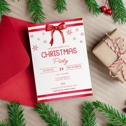 Holiday Celebration Invitation – Red Stripes, Snowflakes, and Festive Red Bow