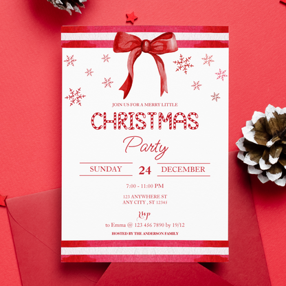 Holiday Celebration Invitation – Red Stripes, Snowflakes, and Festive Red Bow