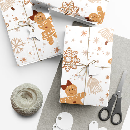 Gingerbread, Christmas Tree and Snowflake Pattern Neutral and Brown Wrapping Paper (30" x 36, 30"x 72")