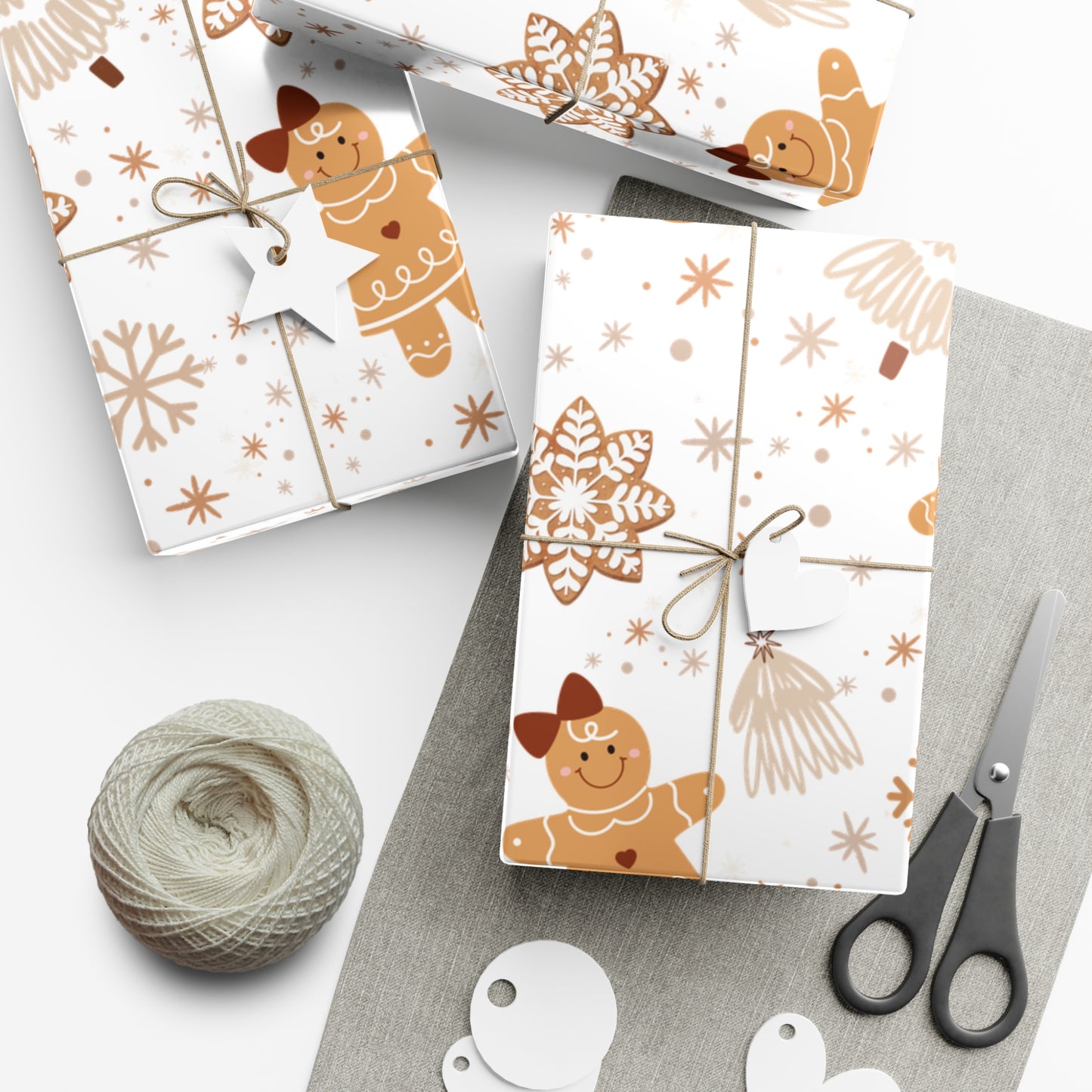 Gingerbread, Christmas Tree and Snowflake Pattern Neutral and Brown Wrapping Paper (30" x 36, 30"x 72")