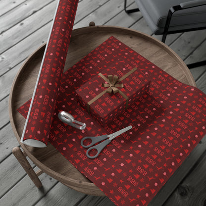 Red Reindeer, Snowflake, HoHoHo, Candy Cane, Christmas Tree, and Star Pattern on Brown Background Christmas Wrapping Paper