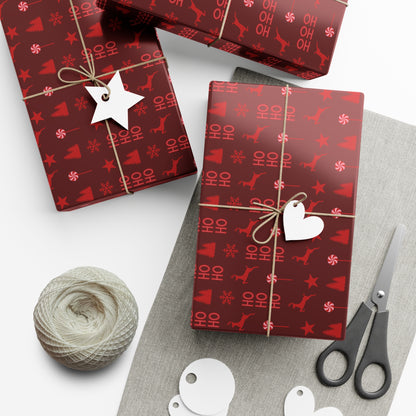 Red Reindeer, Snowflake, HoHoHo, Candy Cane, Christmas Tree, and Star Pattern on Brown Background Christmas Wrapping Paper