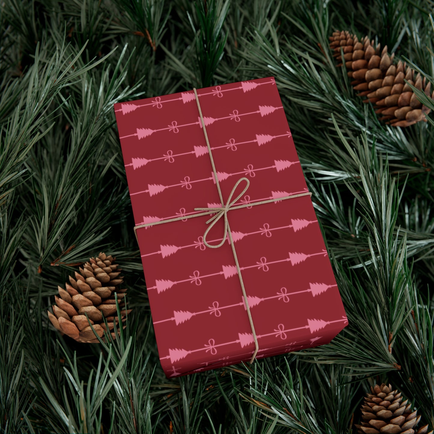 Pink Bow and Christmas Tree with Mini Stripes Pattern Christmas Wrapping Paper, Matte & Satin finish, 3 sizes