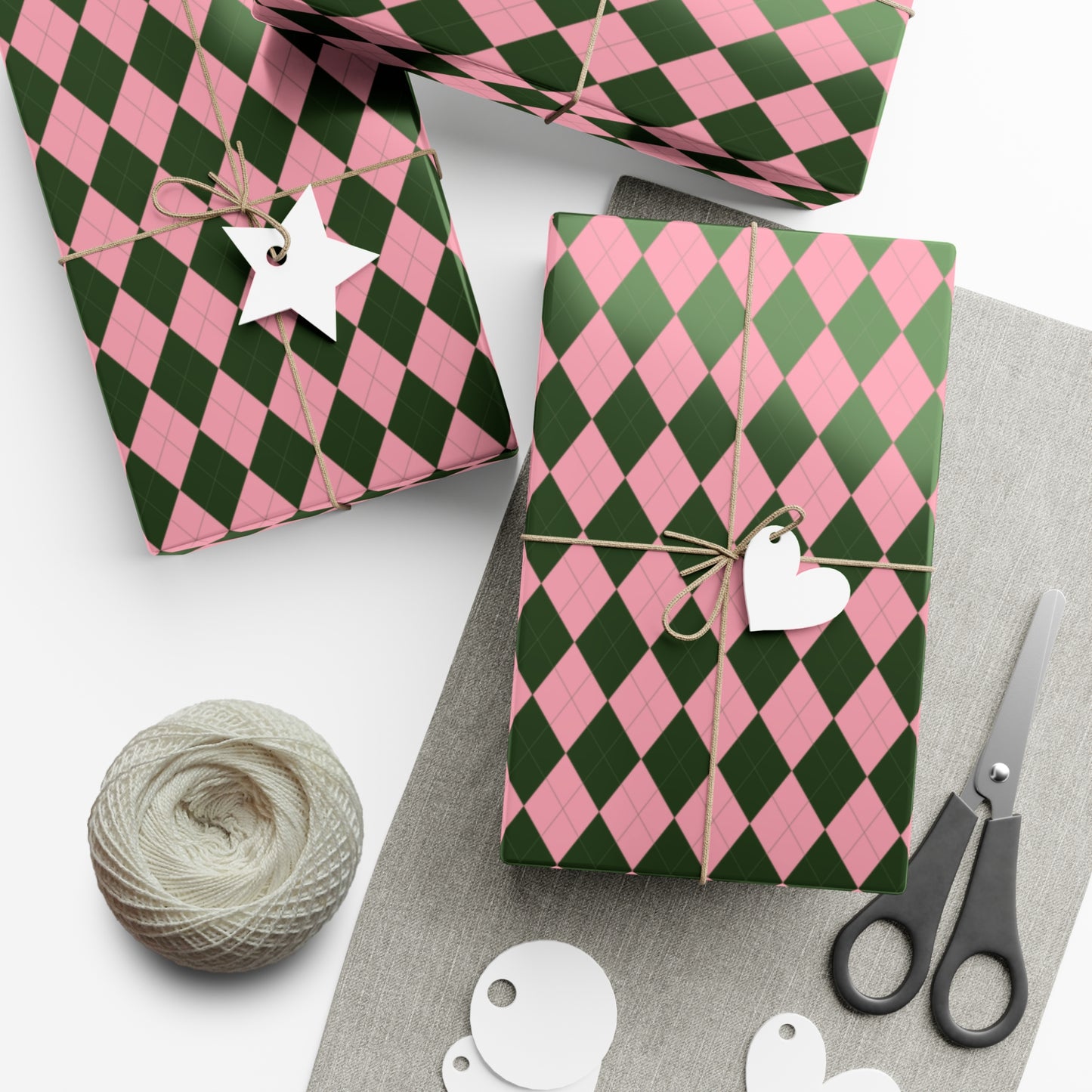 Pink and Green Argyle Pattern Christmas Holiday Wrapping Paper, Matte & Satin finish, 3 sizes