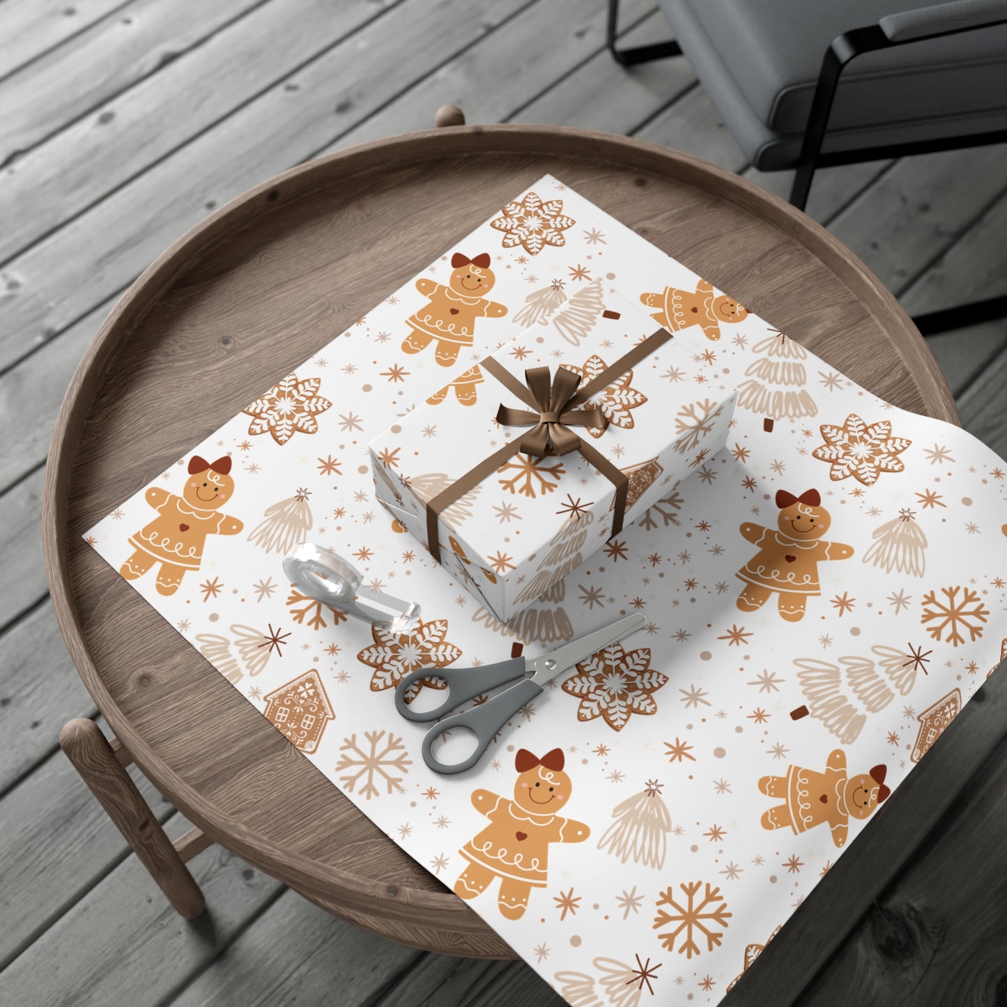 Gingerbread, Christmas Tree and Snowflake Pattern Neutral and Brown Wrapping Paper (30" x 36, 30"x 72")