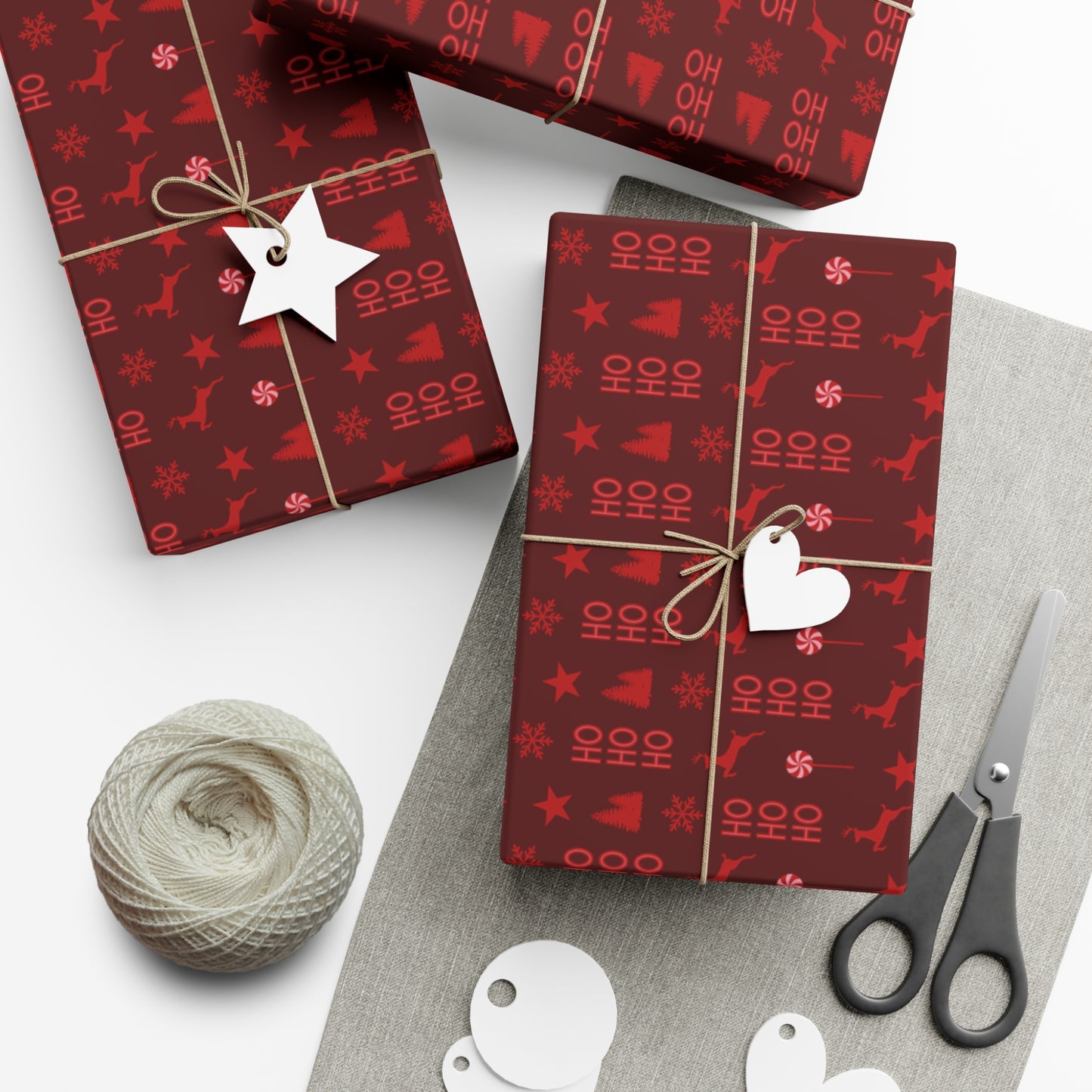 Red Reindeer, Snowflake, HoHoHo, Candy Cane, Christmas Tree, and Star Pattern on Brown Background Christmas Wrapping Paper