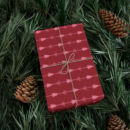 Pink Bow and Christmas Tree with Mini Stripes Pattern Christmas Wrapping Paper, Matte & Satin finish, 3 sizes