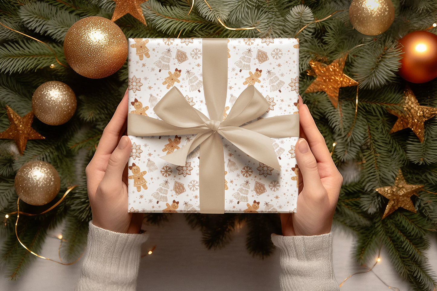 Gingerbread, Christmas Tree and Snowflake Pattern Neutral and Brown Wrapping Paper (30" x 36, 30"x 72")