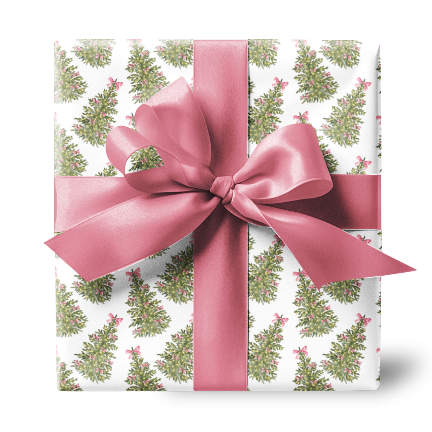 Christmas Tree and Pink Bows Pattern Coquette Christmas Holiday Gift Wrapping Paper, Matte & Satin finish, 3 sizes