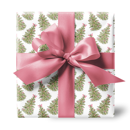 Christmas Tree and Pink Bows Pattern Coquette Christmas Holiday Gift Wrapping Paper, Matte & Satin finish, 3 sizes