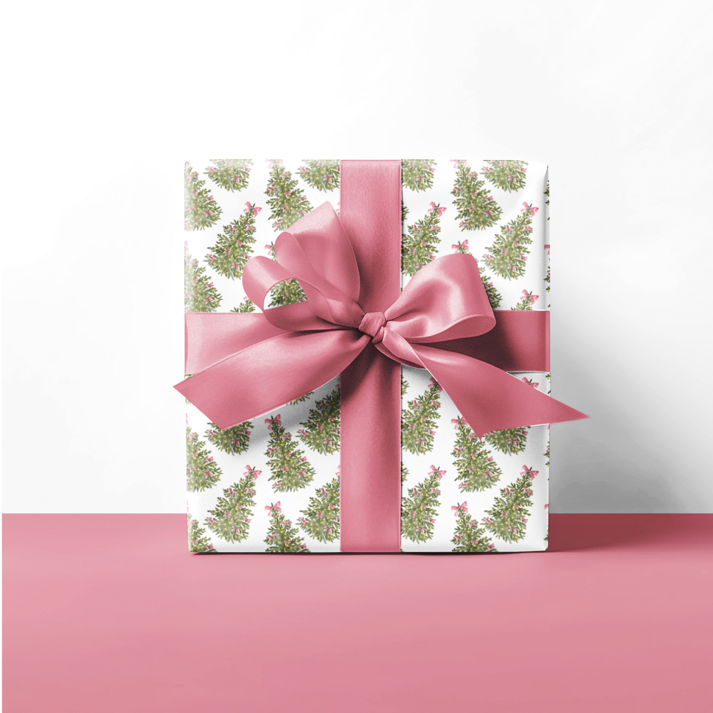 Christmas Tree and Pink Bows Pattern Coquette Christmas Holiday Gift Wrapping Paper, Matte & Satin finish, 3 sizes