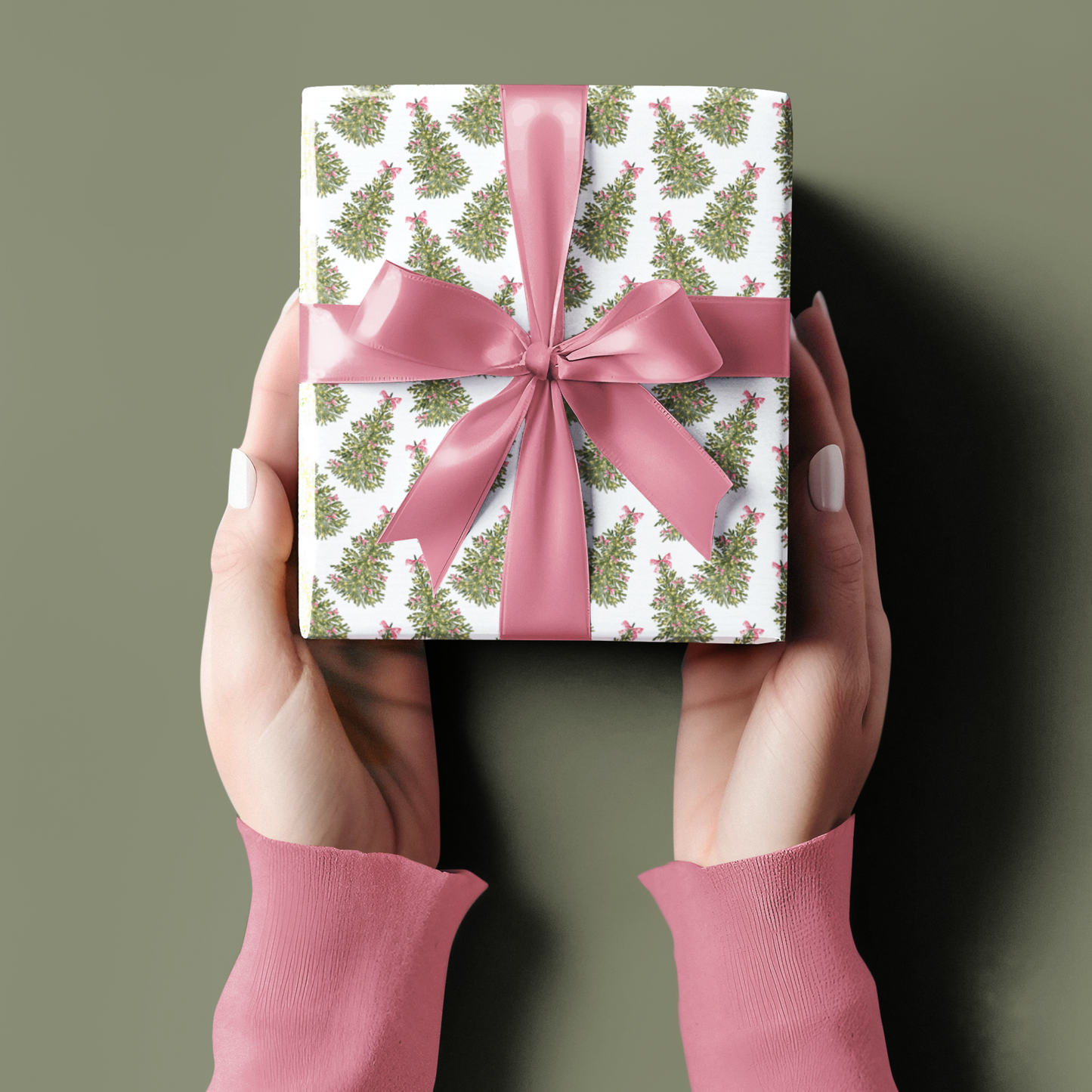 Christmas Tree and Pink Bows Pattern Coquette Christmas Holiday Gift Wrapping Paper, Matte & Satin finish, 3 sizes