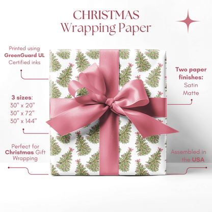 Christmas Tree and Pink Bows Pattern Coquette Christmas Holiday Gift Wrapping Paper, Matte & Satin finish, 3 sizes