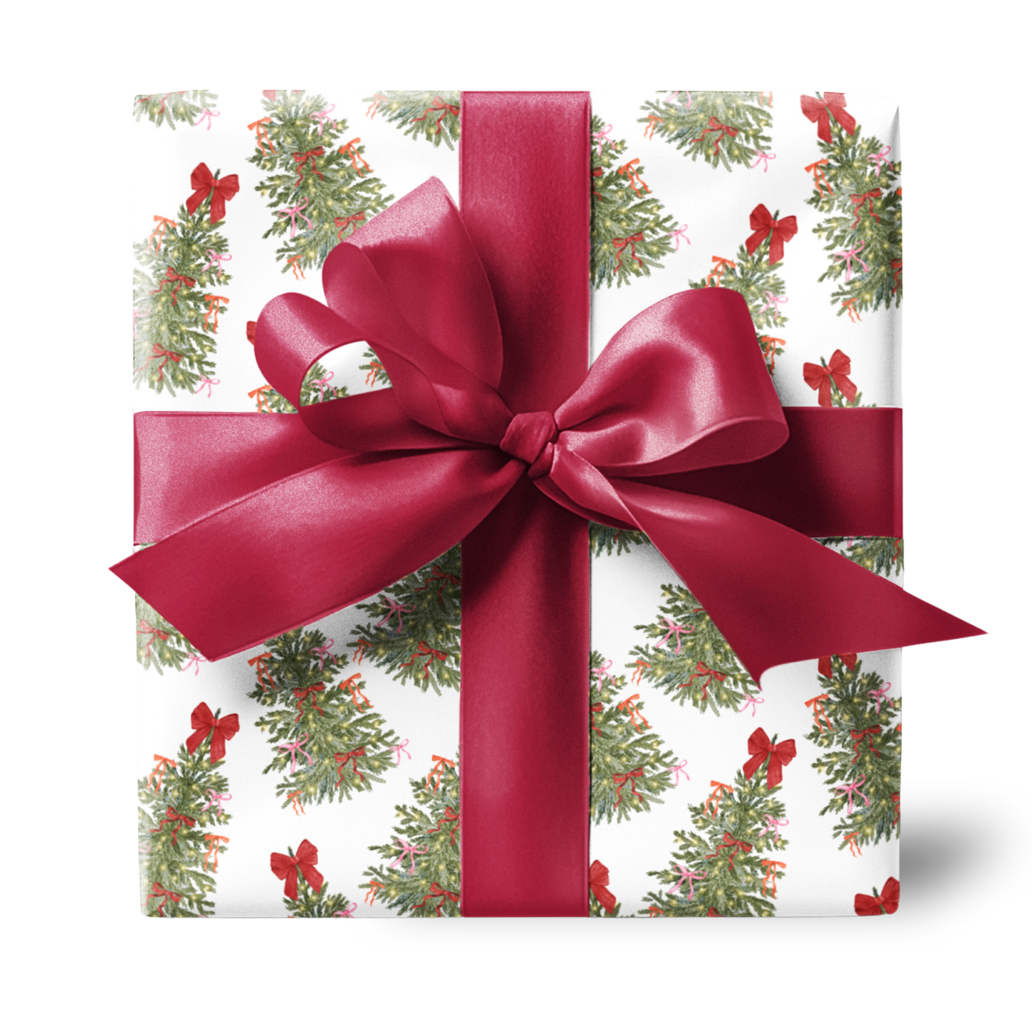 Red Bow Christmas Tree Wrapping Paper, Coquette Holiday Gift Wrapping in Pink Bow, Orange Bow, Satin and Matte , 3 sizes