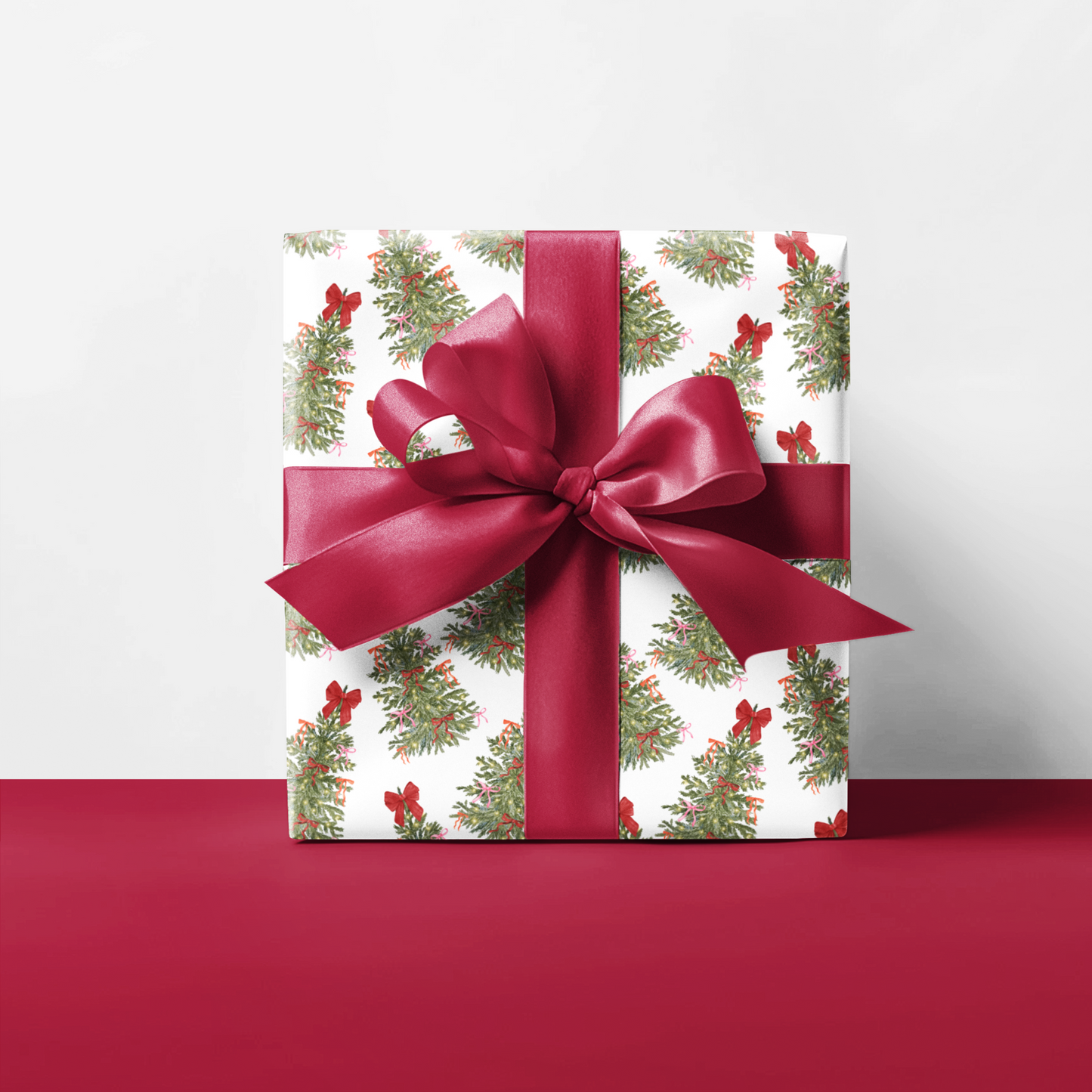 Red Bow Christmas Tree Wrapping Paper, Coquette Holiday Gift Wrapping in Pink Bow, Orange Bow, Satin and Matte , 3 sizes