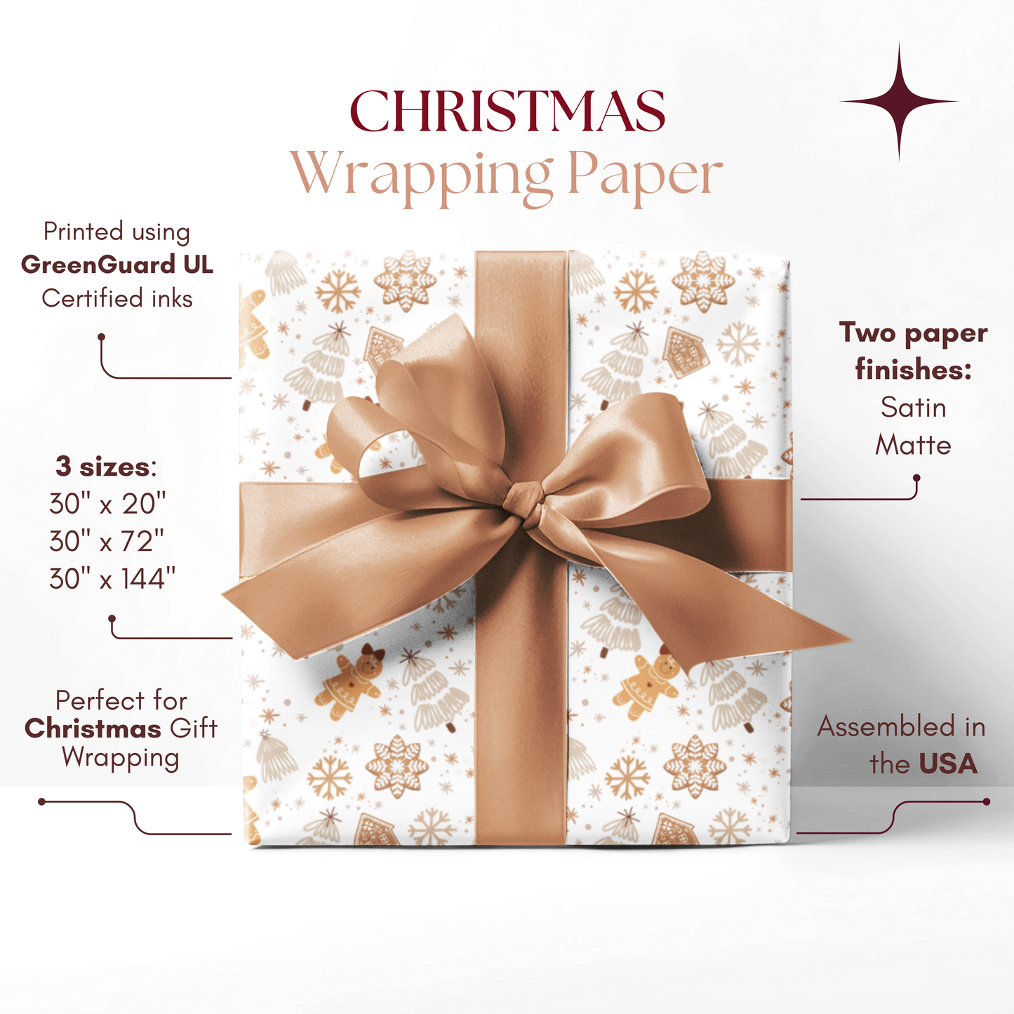 Gingerbread, Christmas Tree and Snowflake Pattern Neutral and Brown Wrapping Paper (30" x 36, 30"x 72")