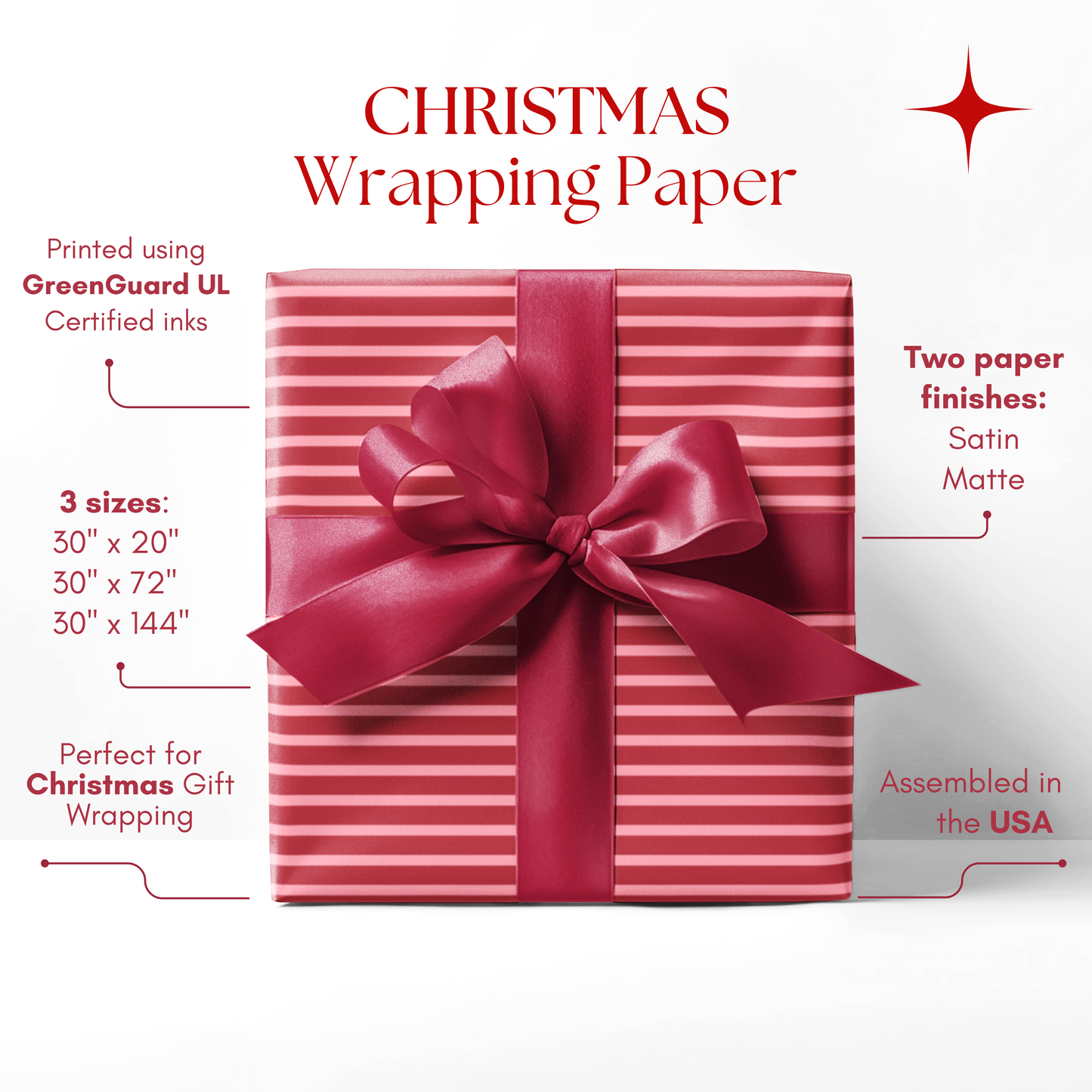 Red and Pink Stripes Pattern Christmas Holiday Wrapping Paper, Matte & Satin finish, 3 sizes