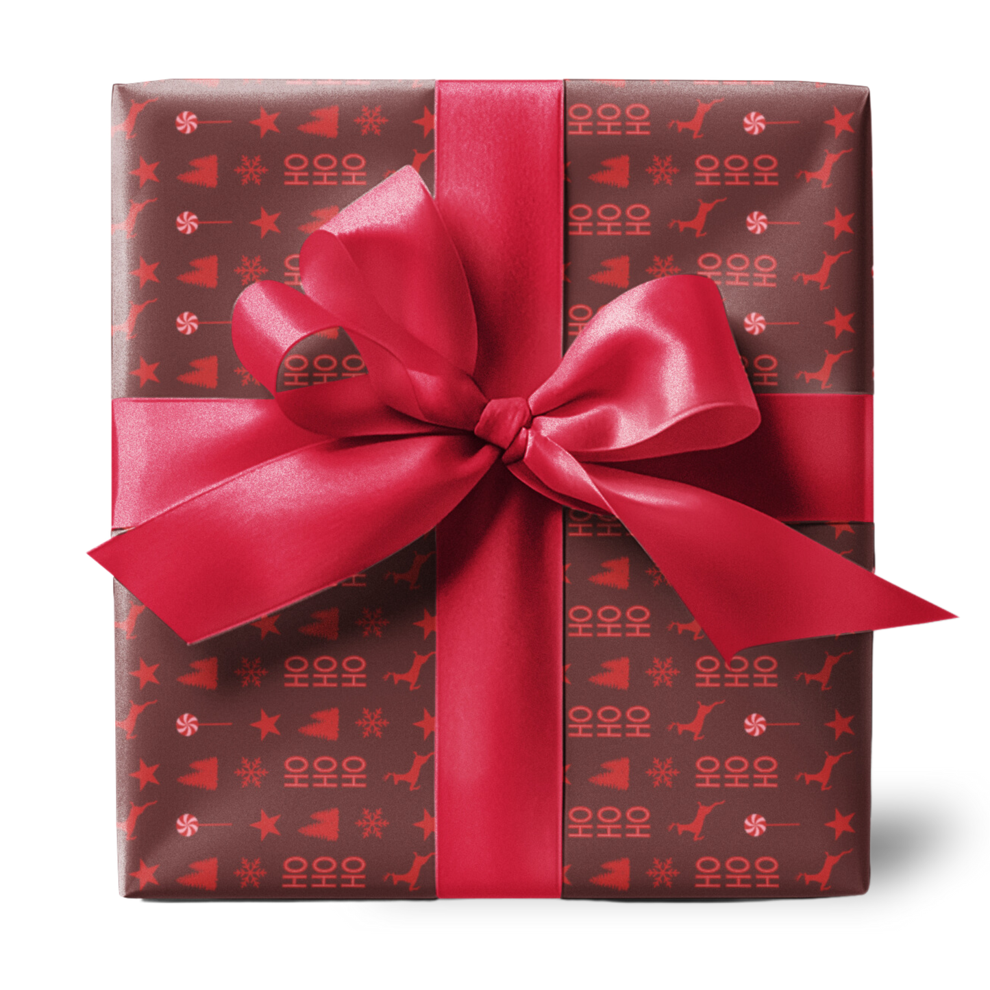 Red Reindeer, Snowflake, HoHoHo, Candy Cane, Christmas Tree, and Star Pattern on Brown Background Christmas Wrapping Paper