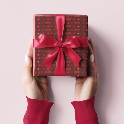 Red Reindeer, Snowflake, HoHoHo, Candy Cane, Christmas Tree, and Star Pattern on Brown Background Christmas Wrapping Paper