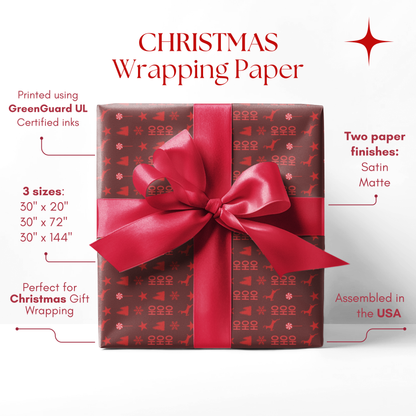 Red Reindeer, Snowflake, HoHoHo, Candy Cane, Christmas Tree, and Star Pattern on Brown Background Christmas Wrapping Paper