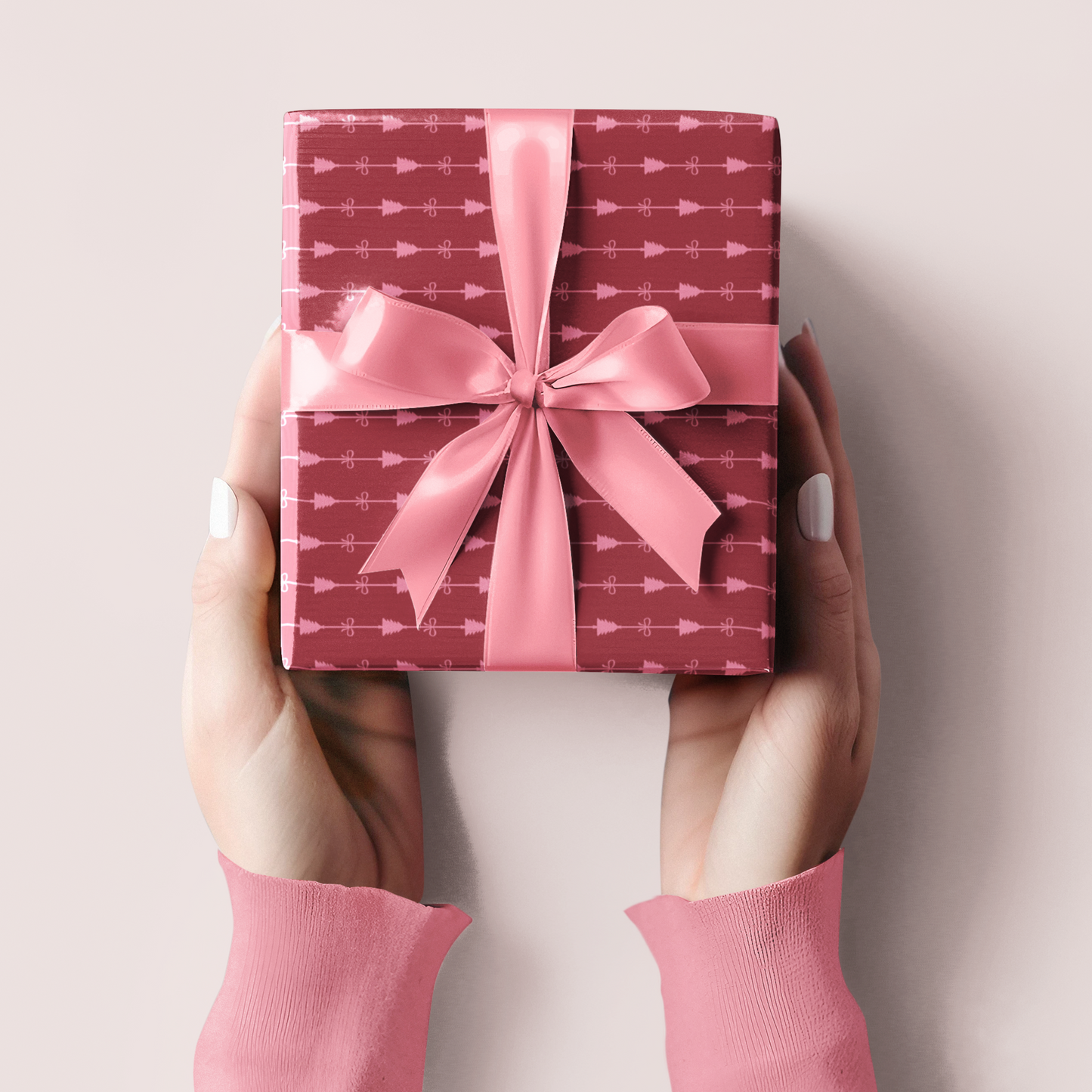 Pink Bow and Christmas Tree with Mini Stripes Pattern Christmas Wrapping Paper, Matte & Satin finish, 3 sizes