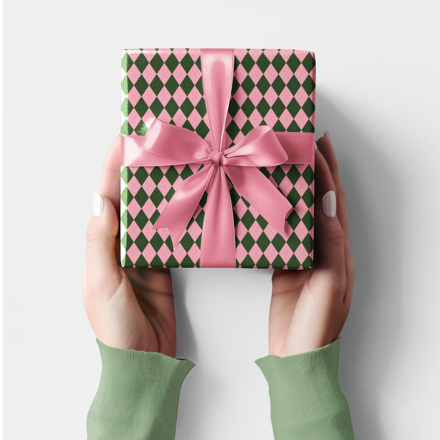 Pink and Green Argyle Pattern Christmas Holiday Wrapping Paper, Matte & Satin finish, 3 sizes