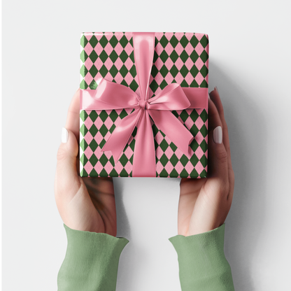 Pink and Green Argyle Pattern Christmas Holiday Wrapping Paper, Matte & Satin finish, 3 sizes