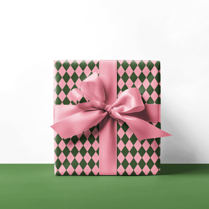 Pink and Green Argyle Pattern Christmas Holiday Wrapping Paper, Matte & Satin finish, 3 sizes