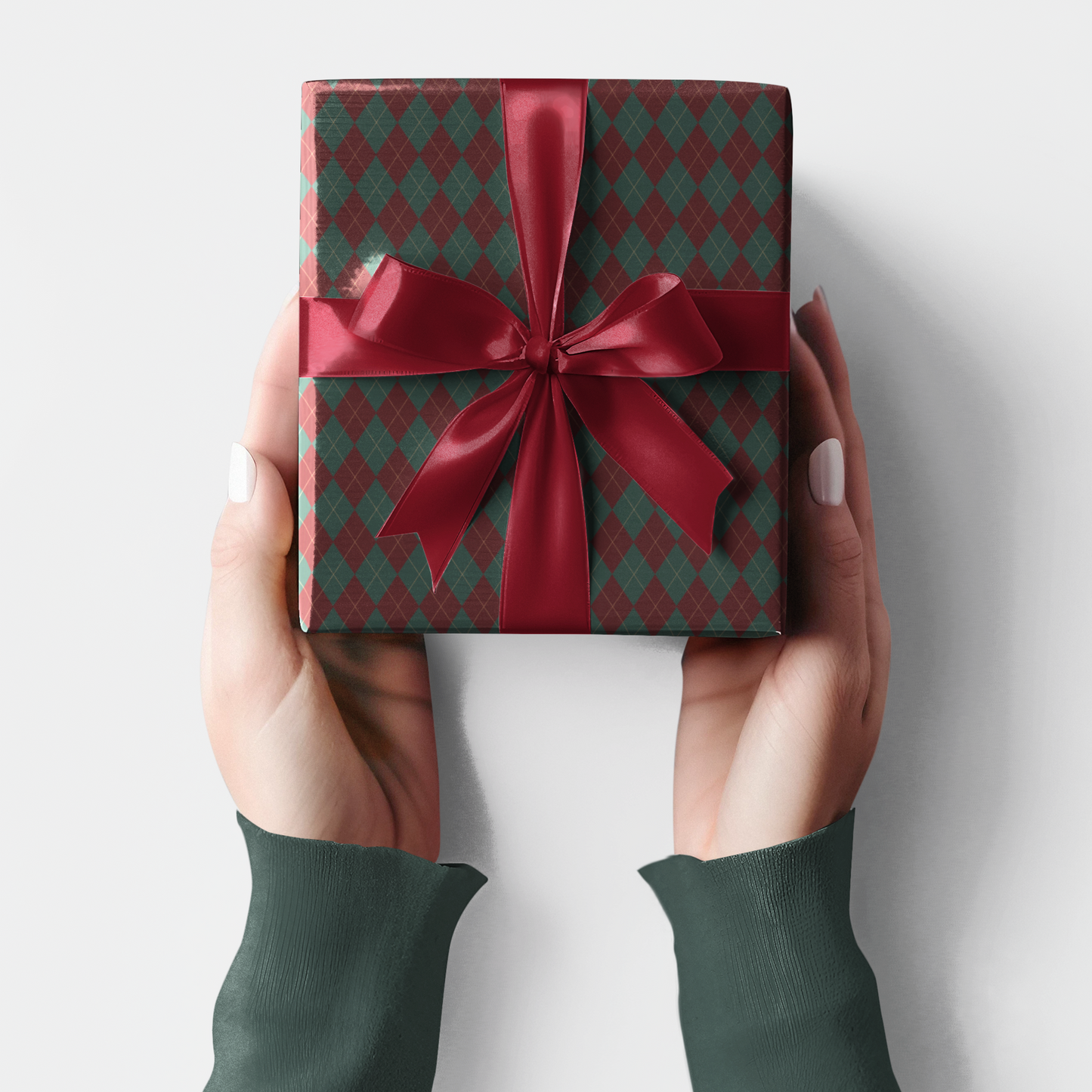 Dark Green and Dark Red Argyle Pattern Christmas Wrapping Paper, Matte & Satin finish, 3 sizes