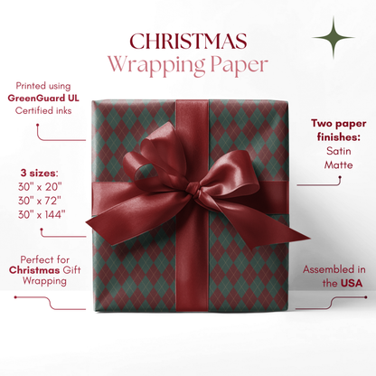 Dark Green and Dark Red Argyle Pattern Christmas Wrapping Paper, Matte & Satin finish, 3 sizes