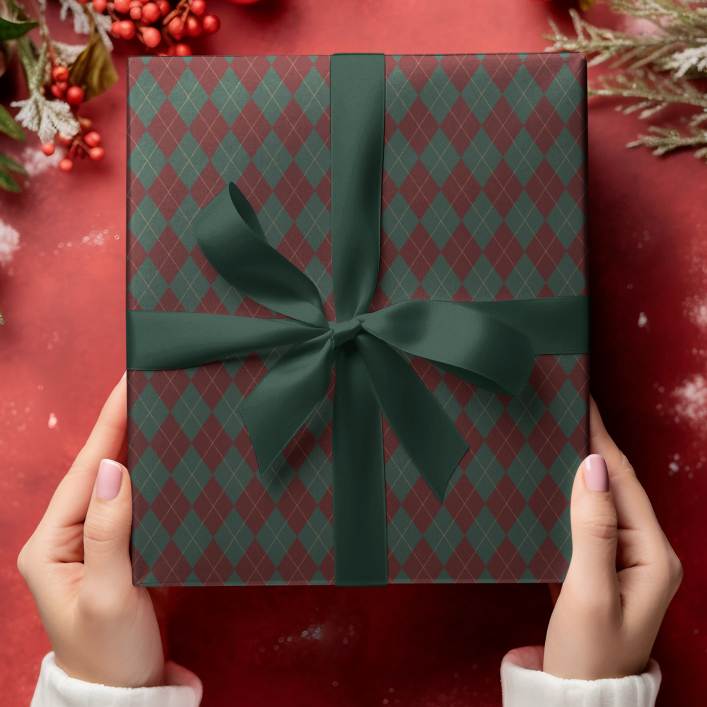 Dark Green and Dark Red Argyle Pattern Christmas Wrapping Paper, Matte & Satin finish, 3 sizes