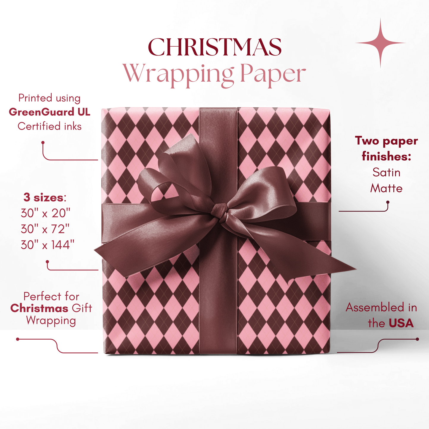 Brown and Pink Argyle Pattern Christmas Wrapping Paper,  Matte & Satin finish, 3 sizes