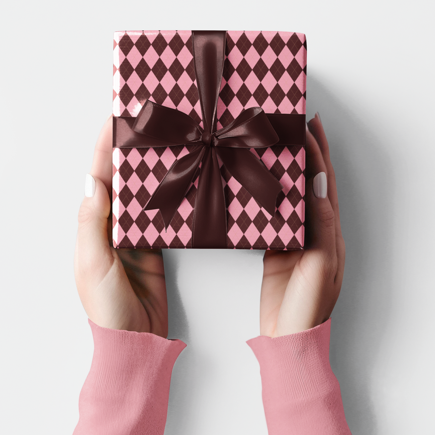 Brown and Pink Argyle Pattern Christmas Wrapping Paper,  Matte & Satin finish, 3 sizes