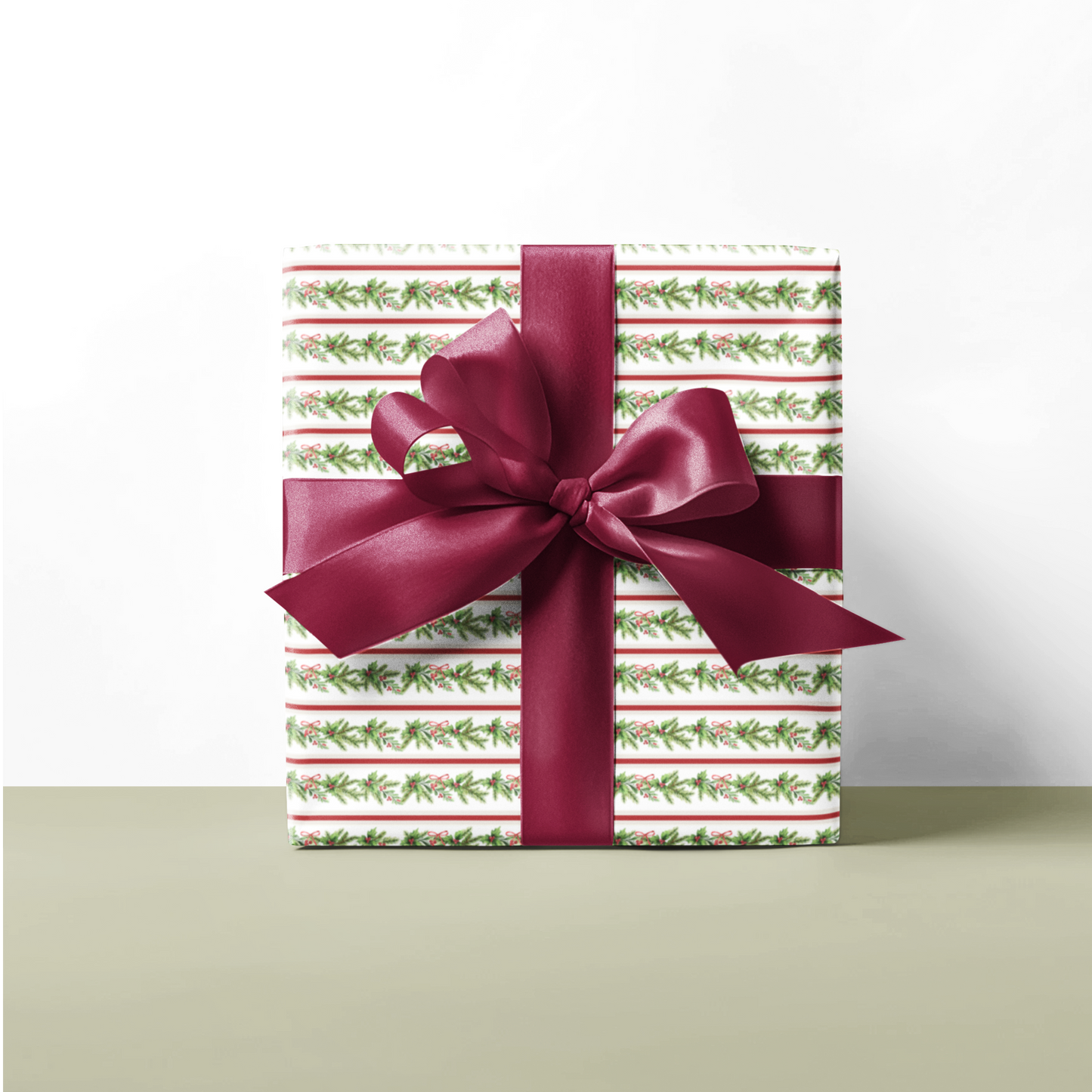 Red and White Stripes with Christmas Garland Pattern Holiday Wrapping Paper, Matte & Satin finish, 3 sizes