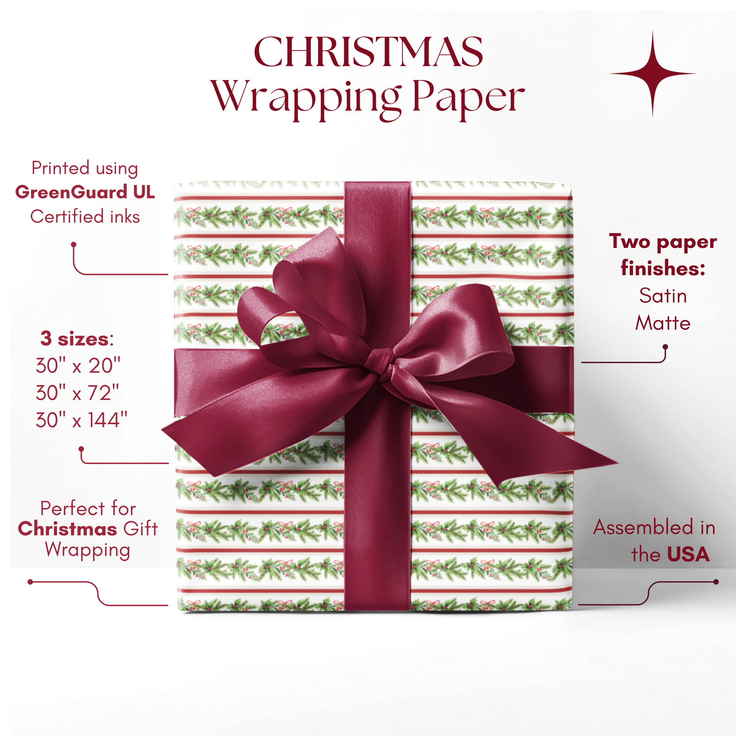 Red and White Stripes with Christmas Garland Pattern Holiday Wrapping Paper, Matte & Satin finish, 3 sizes