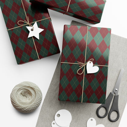 Dark Green and Dark Red Argyle Pattern Christmas Wrapping Paper, Matte & Satin finish, 3 sizes