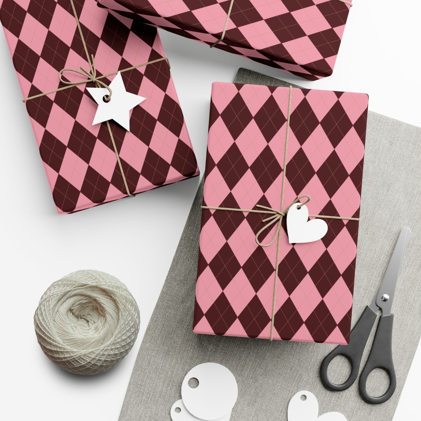 Brown and Pink Argyle Pattern Christmas Wrapping Paper,  Matte & Satin finish, 3 sizes