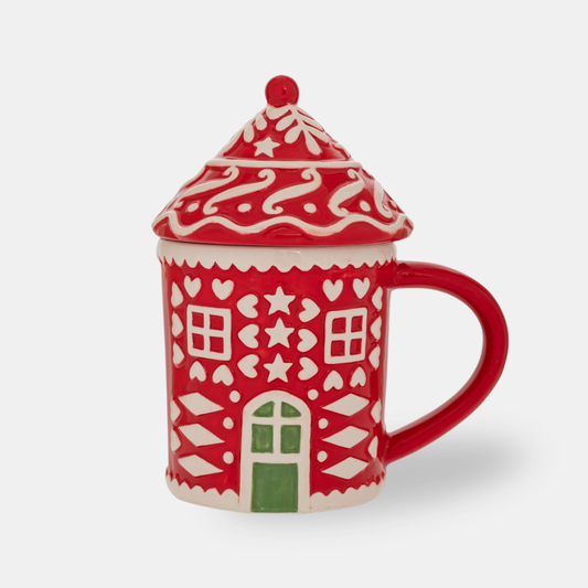 Red & White Christmas Gingerbread House Ceramic Mug with Lid