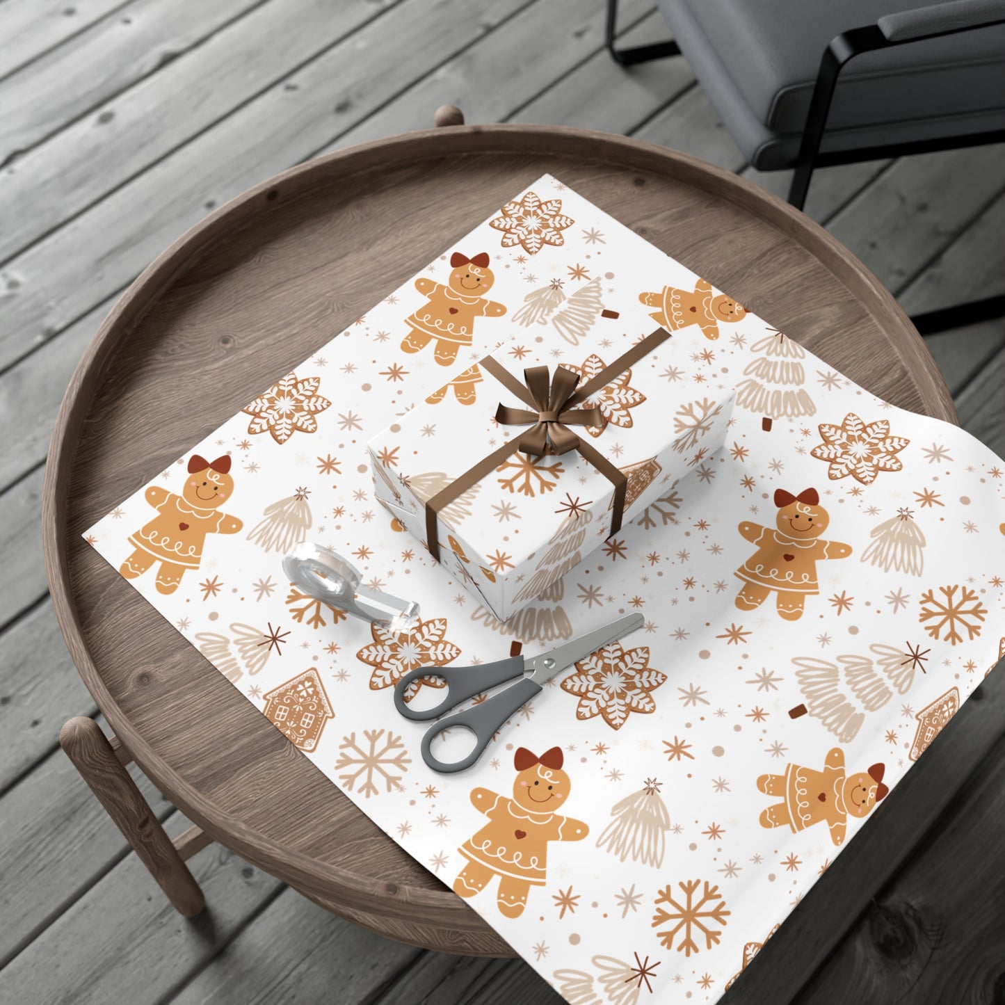 Gingerbread, Christmas Tree and Snowflake Pattern Neutral and Brown Wrapping Paper (30" x 36, 30"x 72")