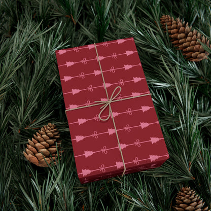 Pink Bow and Christmas Tree with Mini Stripes Pattern Christmas Wrapping Paper, Matte & Satin finish, 3 sizes