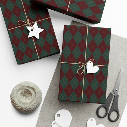 Dark Green and Dark Red Argyle Pattern Christmas Wrapping Paper, Matte & Satin finish, 3 sizes